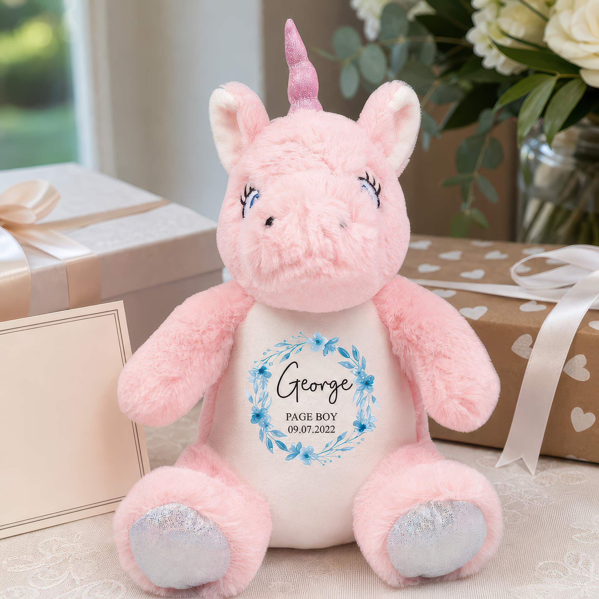Personalised Unicorn Page Boy Soft Toy with Name and Date - alternative view