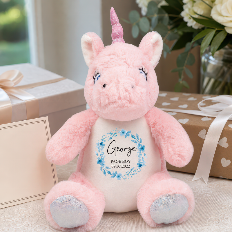 Personalised Unicorn Page Boy Soft Toy with Name and Date - alternative view
