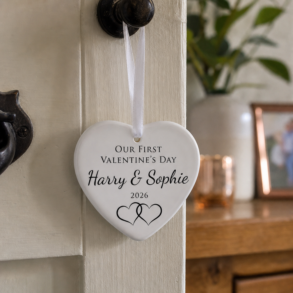 Personalised First Valentine Interlinked Hearts Ornament with Names and Year