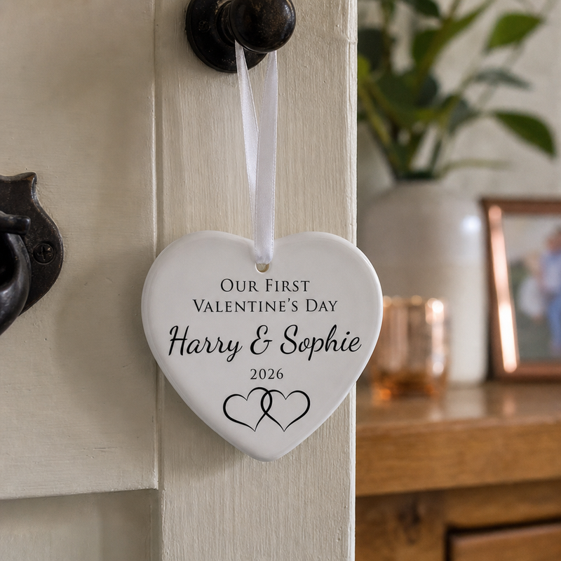 Personalised First Valentine Interlinked Hearts Ornament with Names and Year