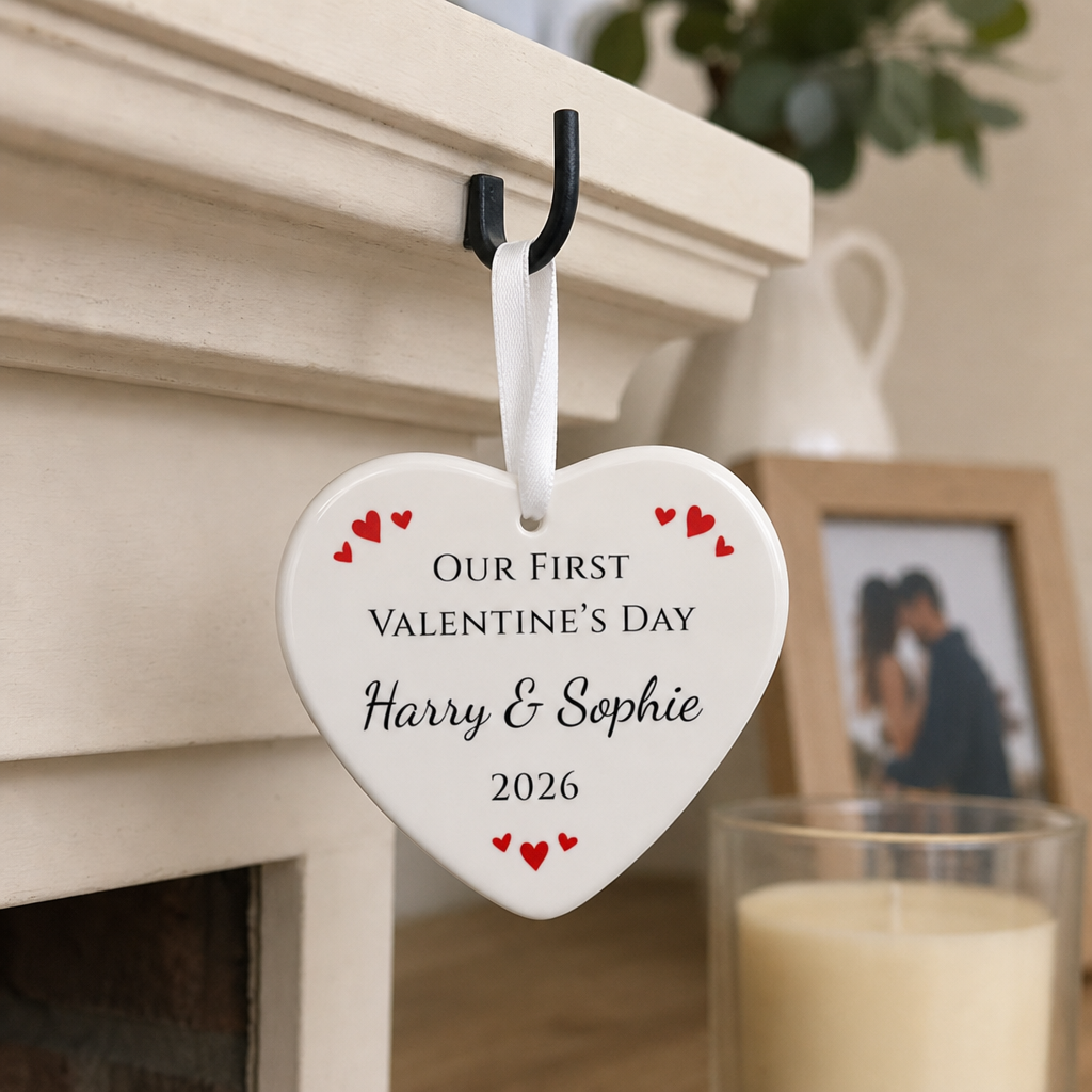 Personalised First Valentine Red and Black Heart Ornament with Names and Year