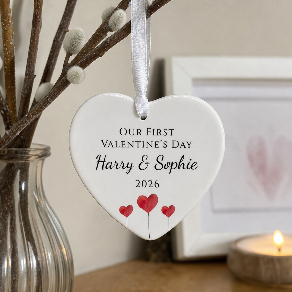 Personalised First Valentine Heart Balloons Ornament with Names and Year