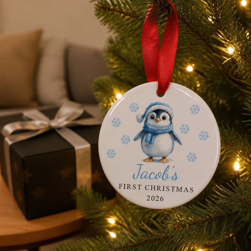 Personalised Blue Penguin First Christmas Bauble with Box