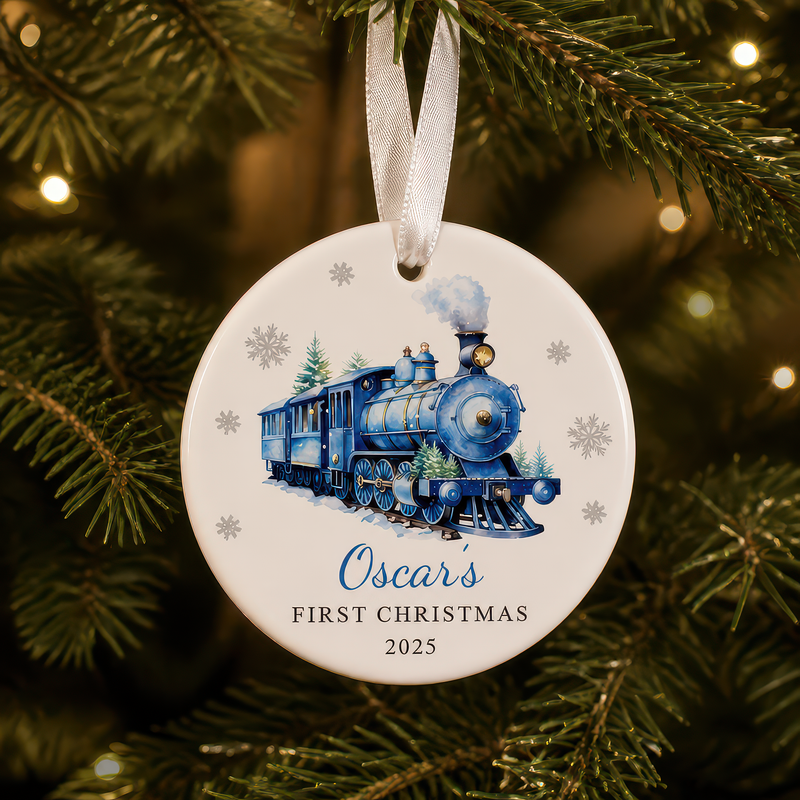 Personalised Blue Train First Christmas Bauble with Box