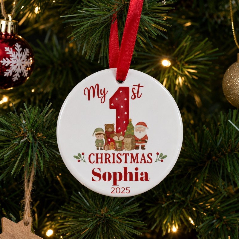 Personalised Red Woodland Animal First Christmas Bauble