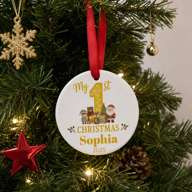 Personalised Yellow Woodland Animal First Christmas Bauble