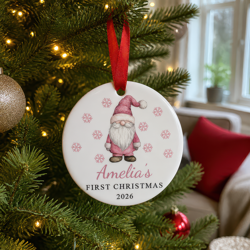 Personalised Pink Santa First Christmas Bauble with Box