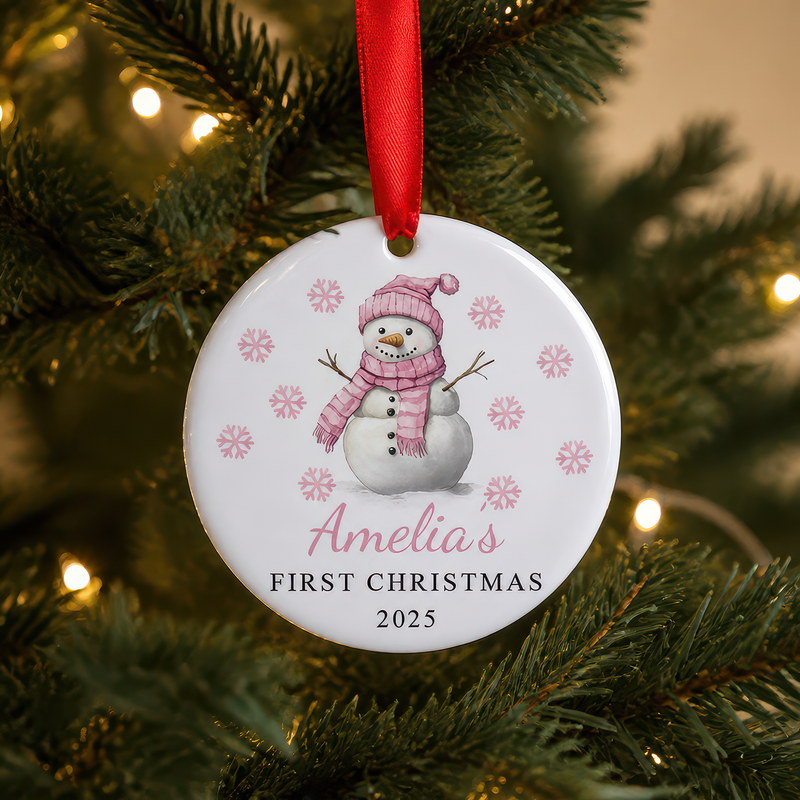 Personalised Pink Snowman First Christmas Bauble with Box