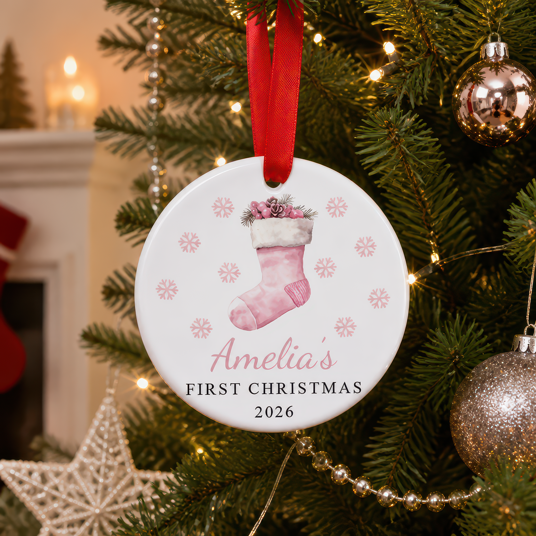 Personalised Pink Stocking First Christmas Bauble with Box