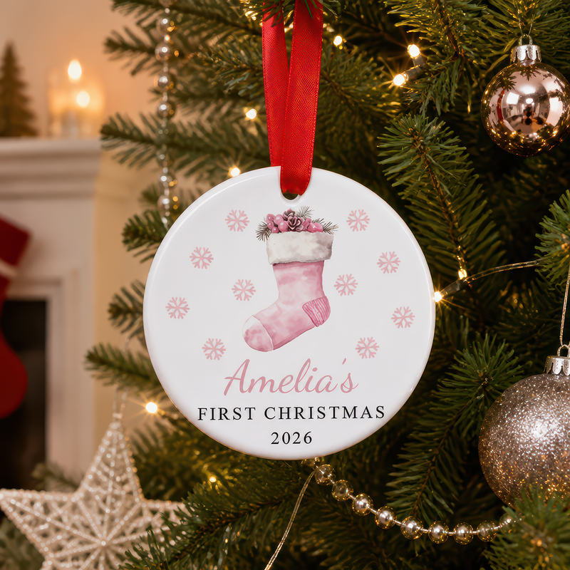 Personalised Pink Stocking First Christmas Bauble with Box