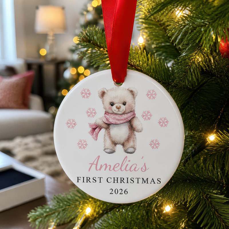 Personalised Pink Teddy First Christmas Bauble with Box