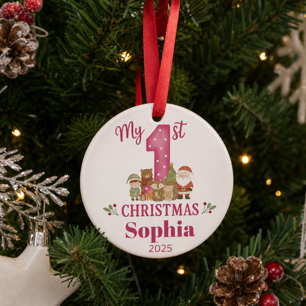 Personalised Pink Woodland First Christmas Bauble