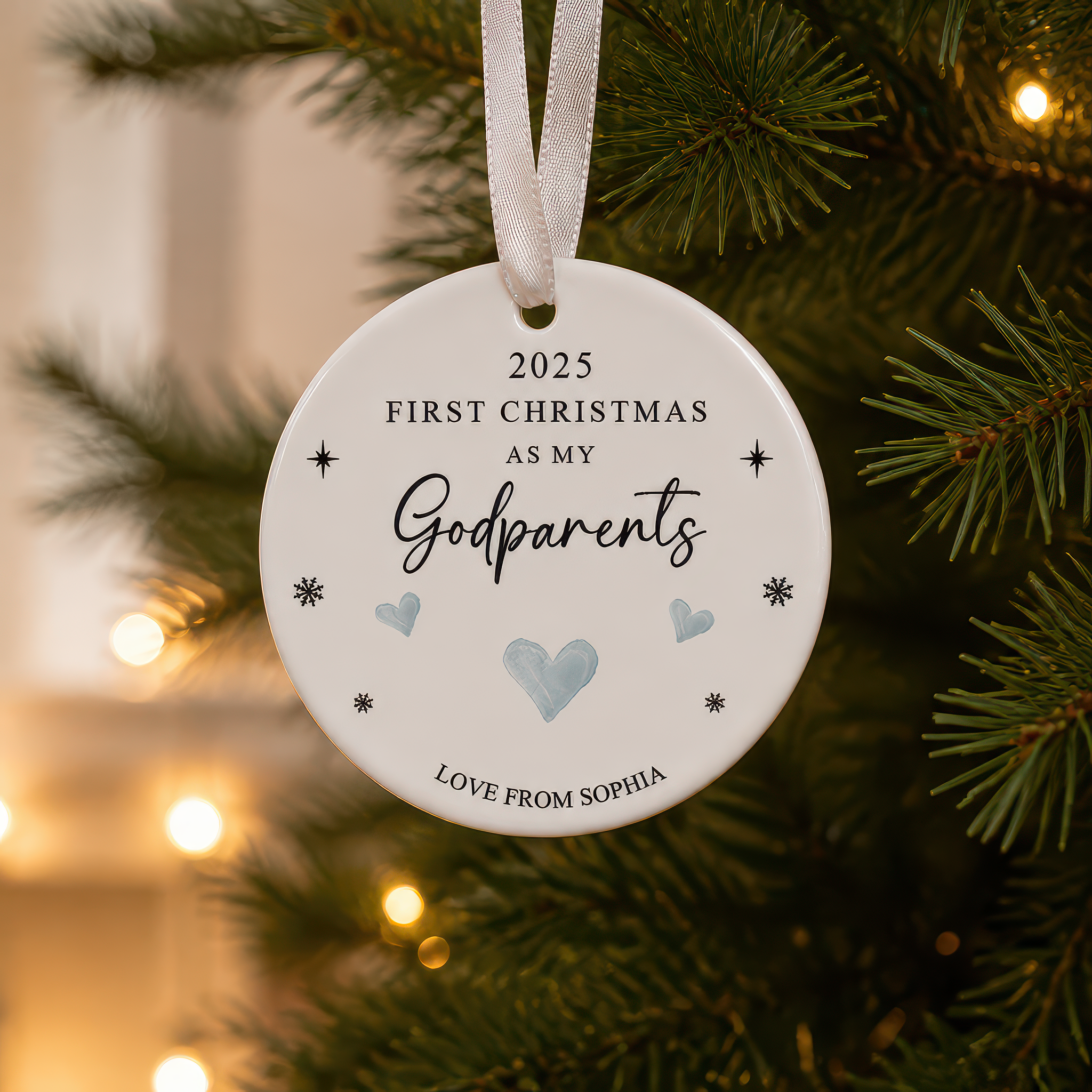 Personalised First Christmas Godparents Heart Ornament