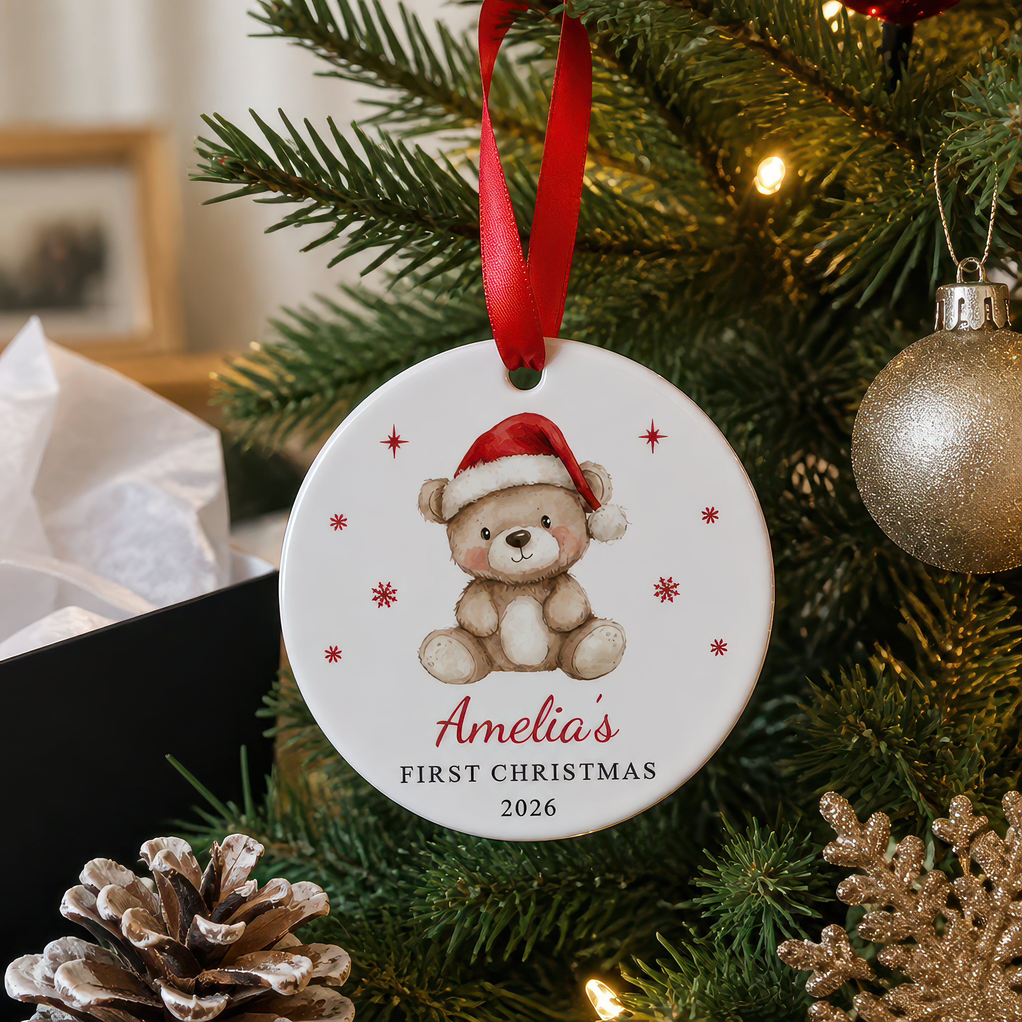 Personalised Santa Hat Bear First Christmas Bauble with Box