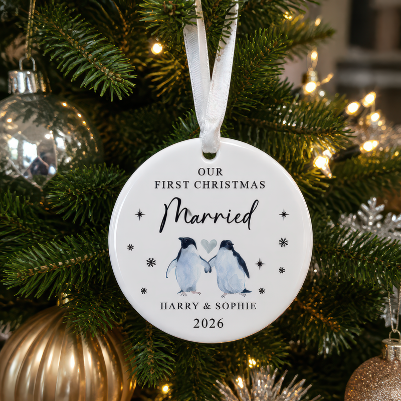Personalised First Christmas Married Penguin Ornament