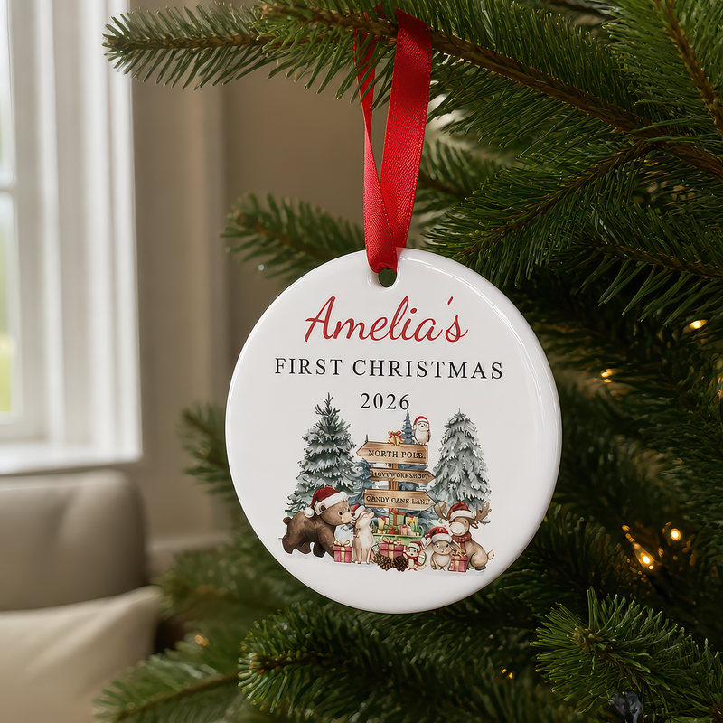 Personalised North Pole Friends First Christmas Bauble with Box
