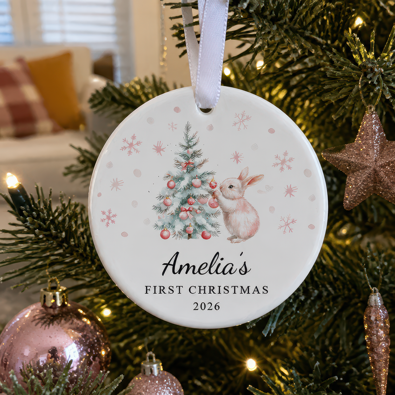 Personalised Baby's First Christmas Pink Baubles Bunny Ornament