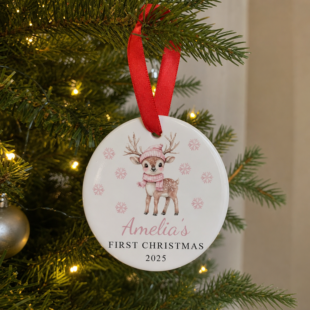 Personalised Pink Baby Deer First Christmas Bauble with Box