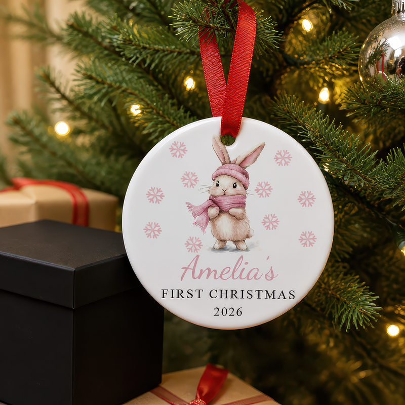 Personalised Pink Bunny First Christmas Bauble with Box