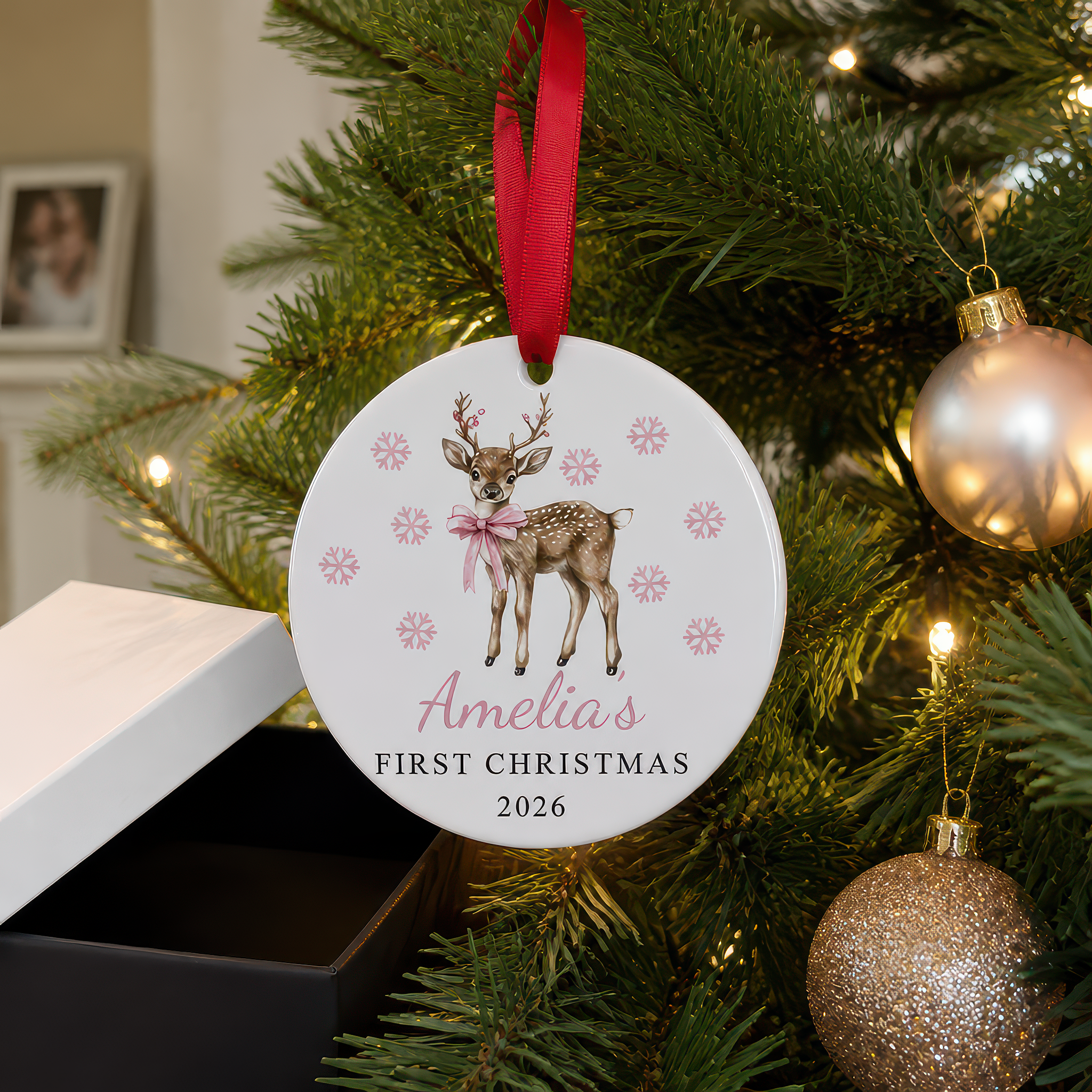 Personalised Pink Deer First Christmas Bauble with Box