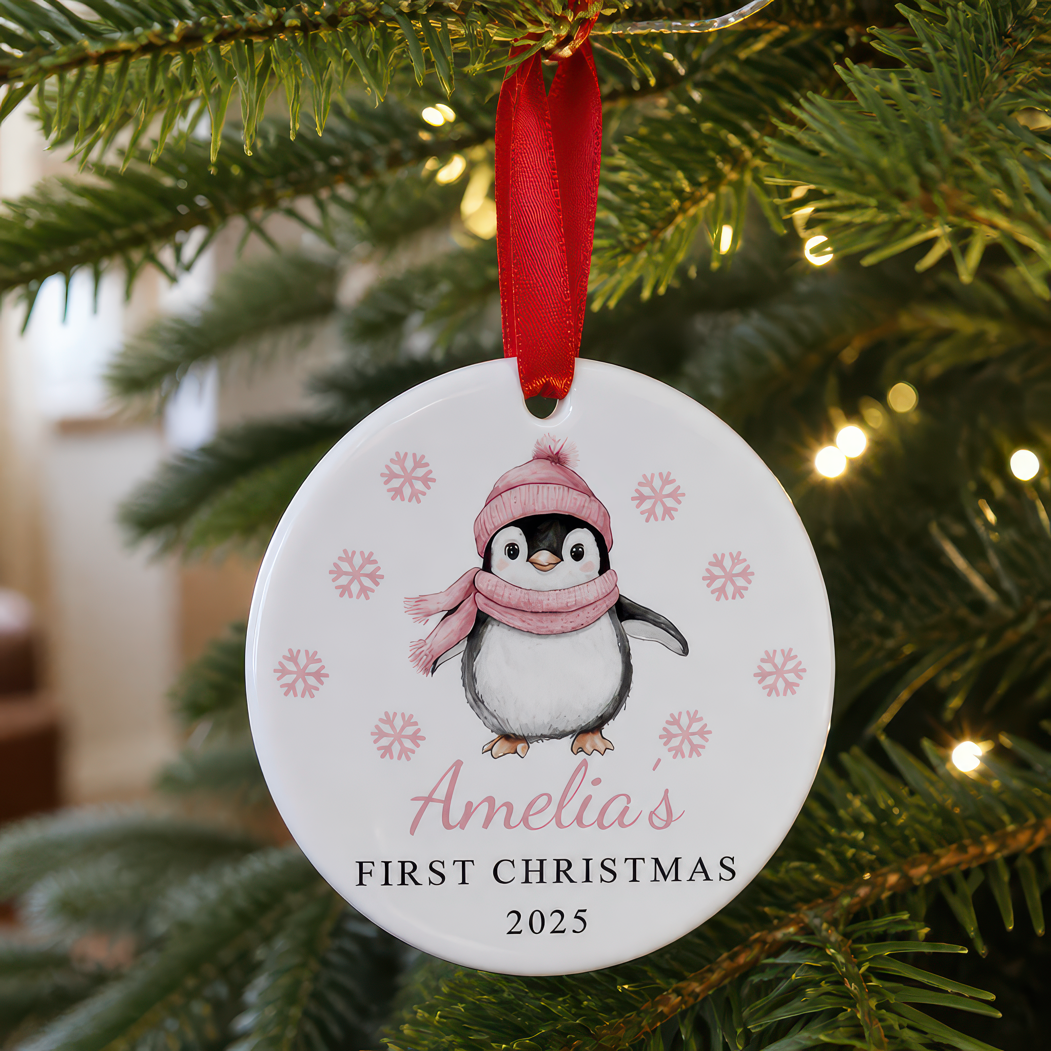Personalised Pink Penguin First Christmas Bauble with Box