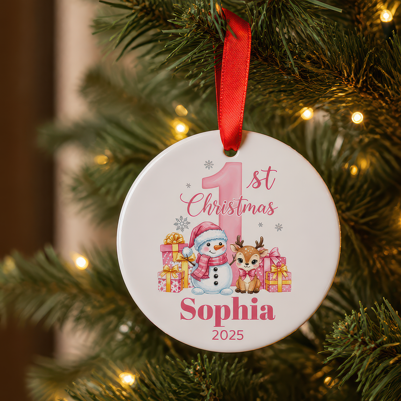 Personalised Pink 1st Christmas Scene Bauble with Box
