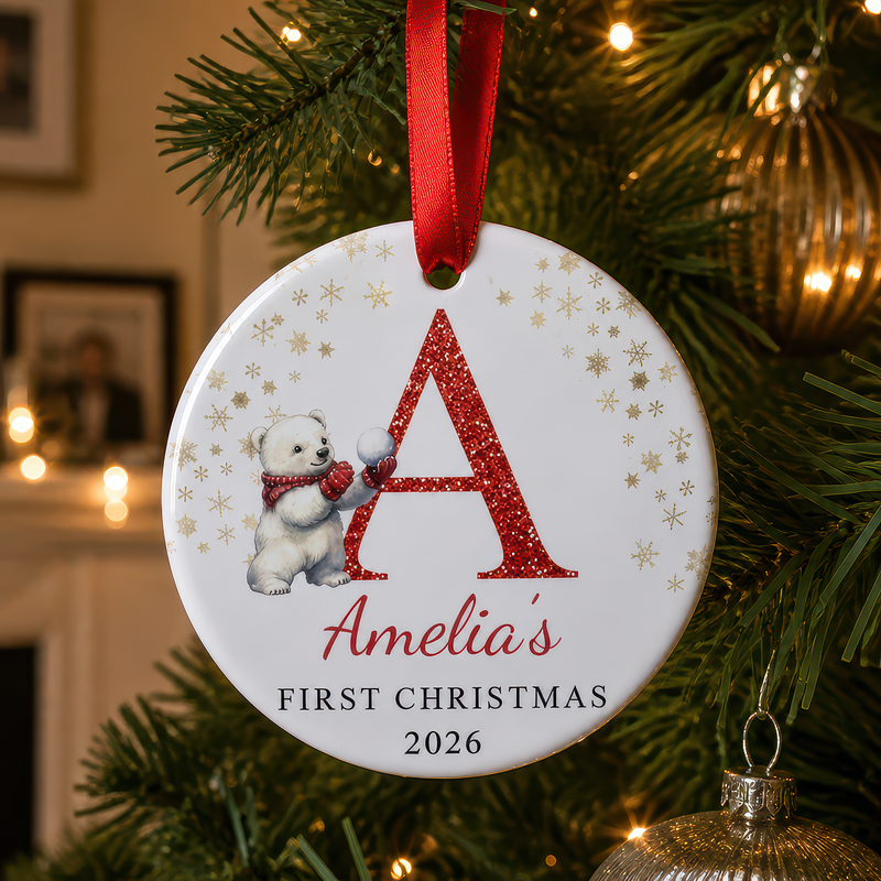 Personalised Polar Bear Initial First Christmas Bauble