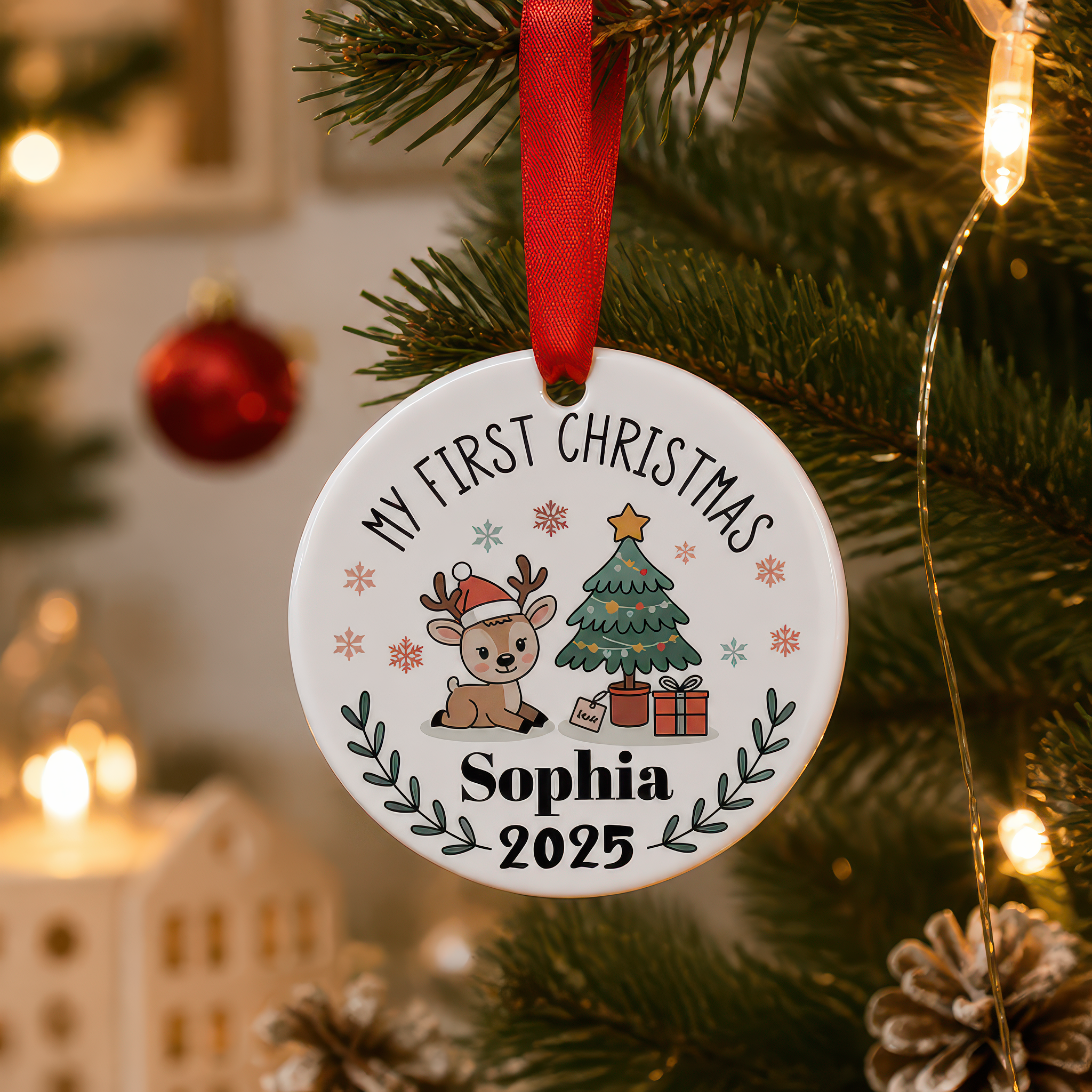 Personalised Reindeer and Tree First Christmas Bauble with Box