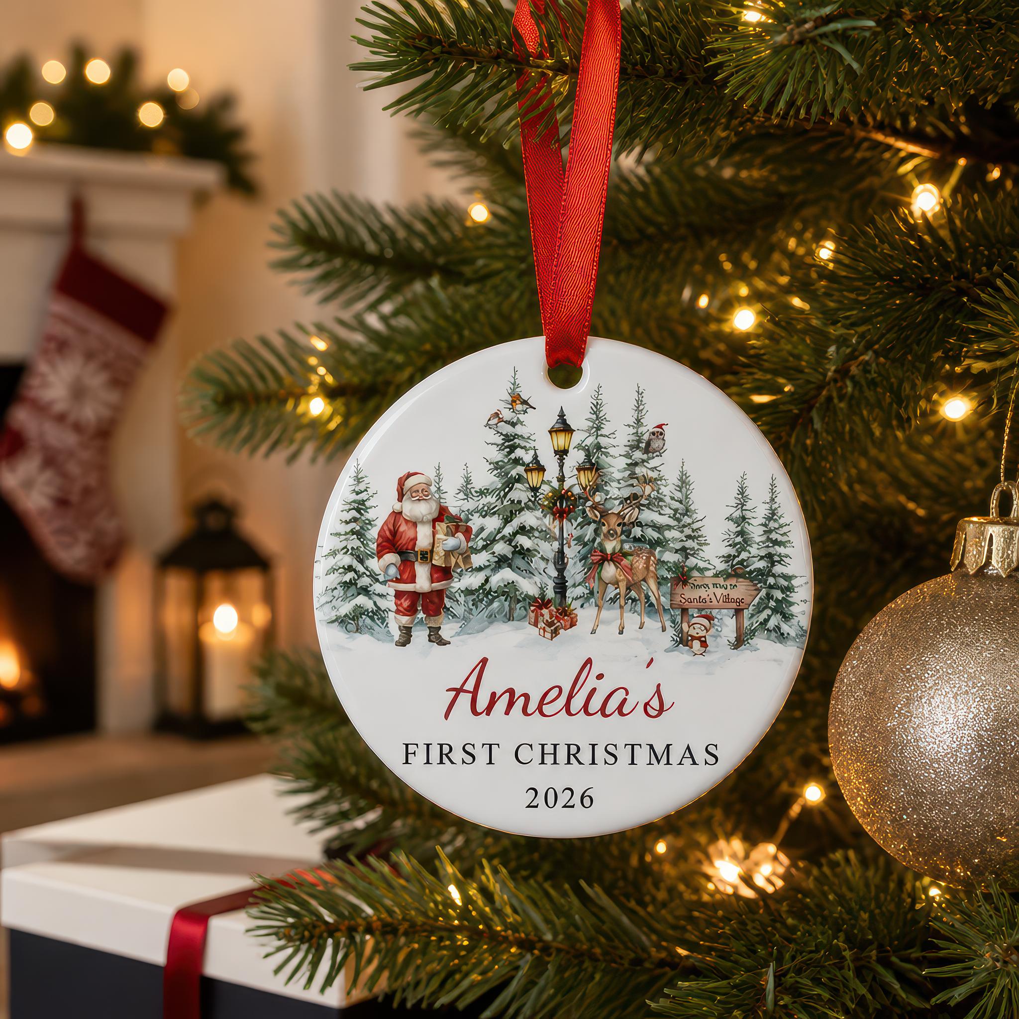 Personalised Santa Scene First Christmas Bauble with Box