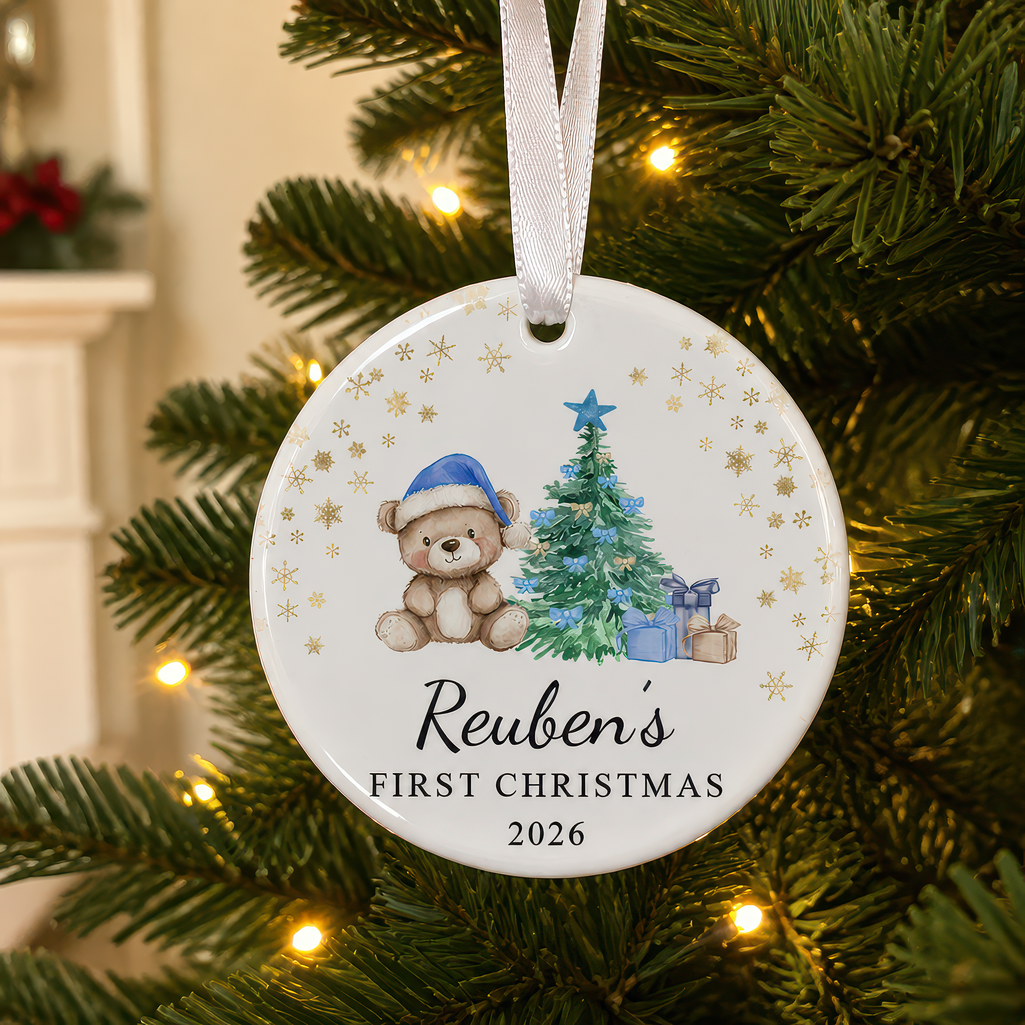 Personalised Baby's First Christmas Blue Teddy Bear Ornament