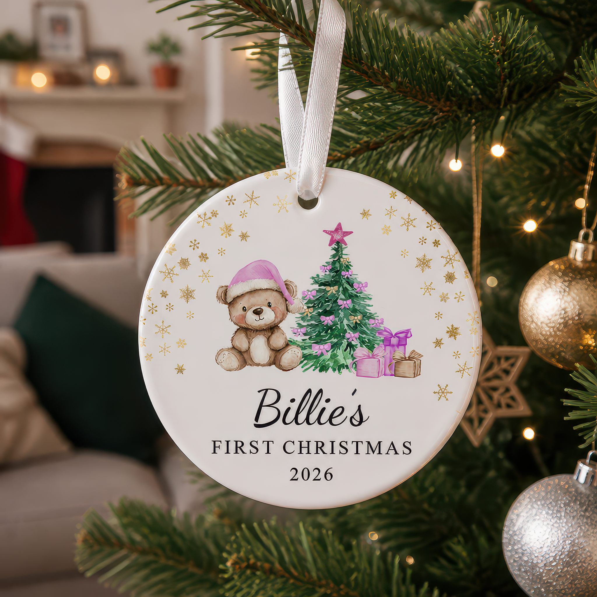 Personalised Baby's First Christmas Pink Teddy Bear Ornament