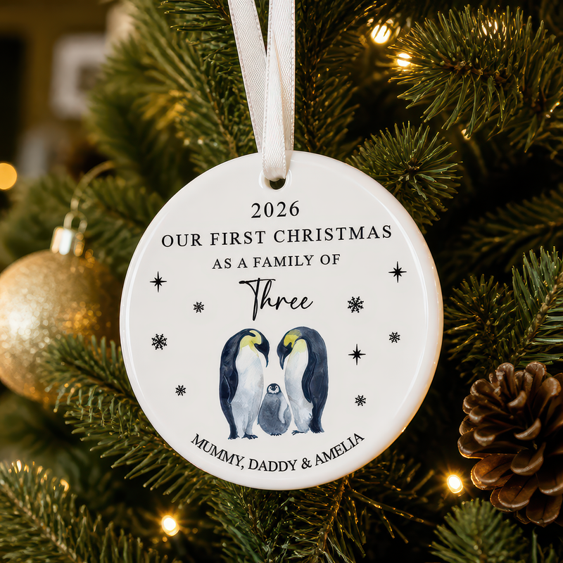Personalised Our First Christmas as a Family of Three Penguin Ornament