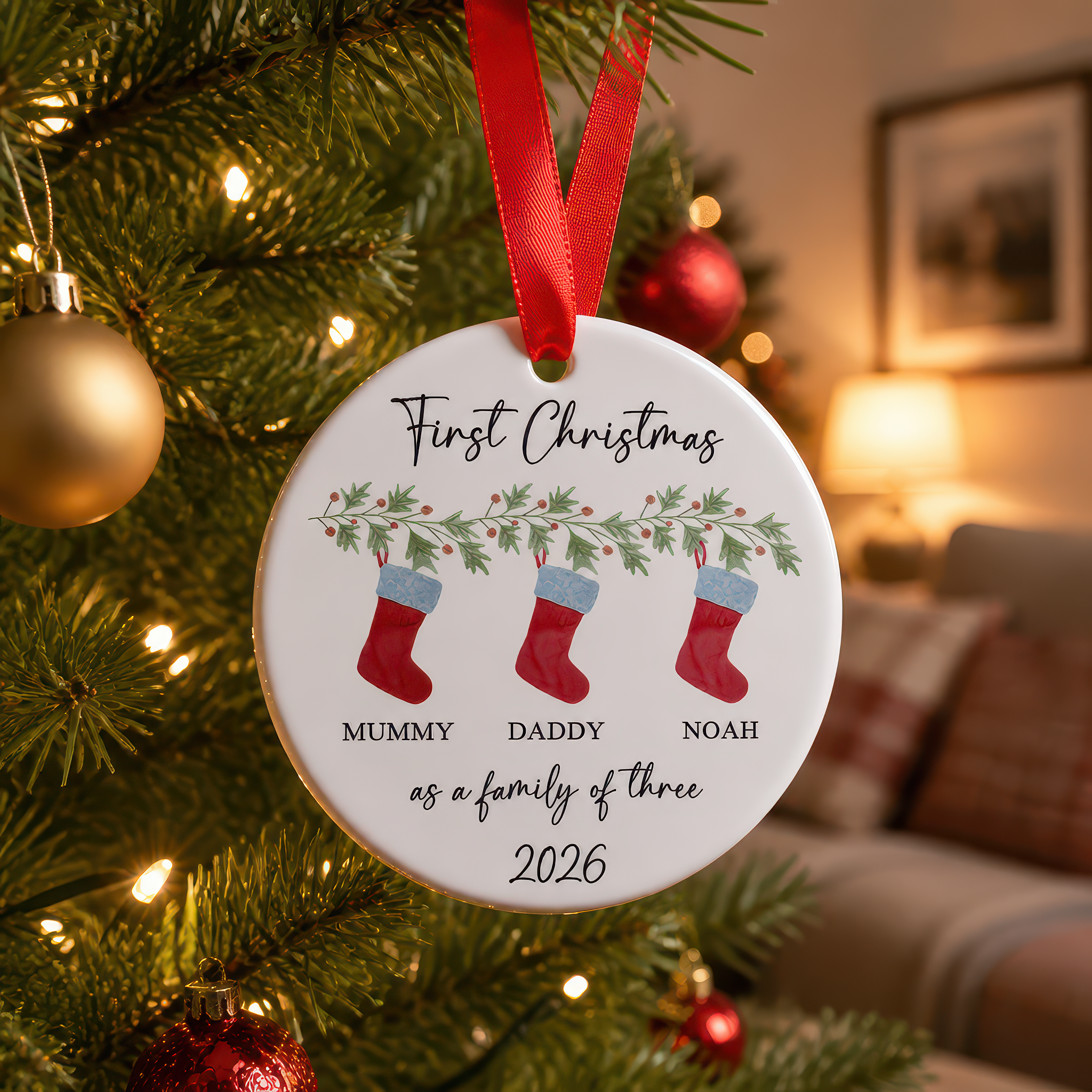 Personalised First Christmas as a Family of Three Red Stockings Ornament