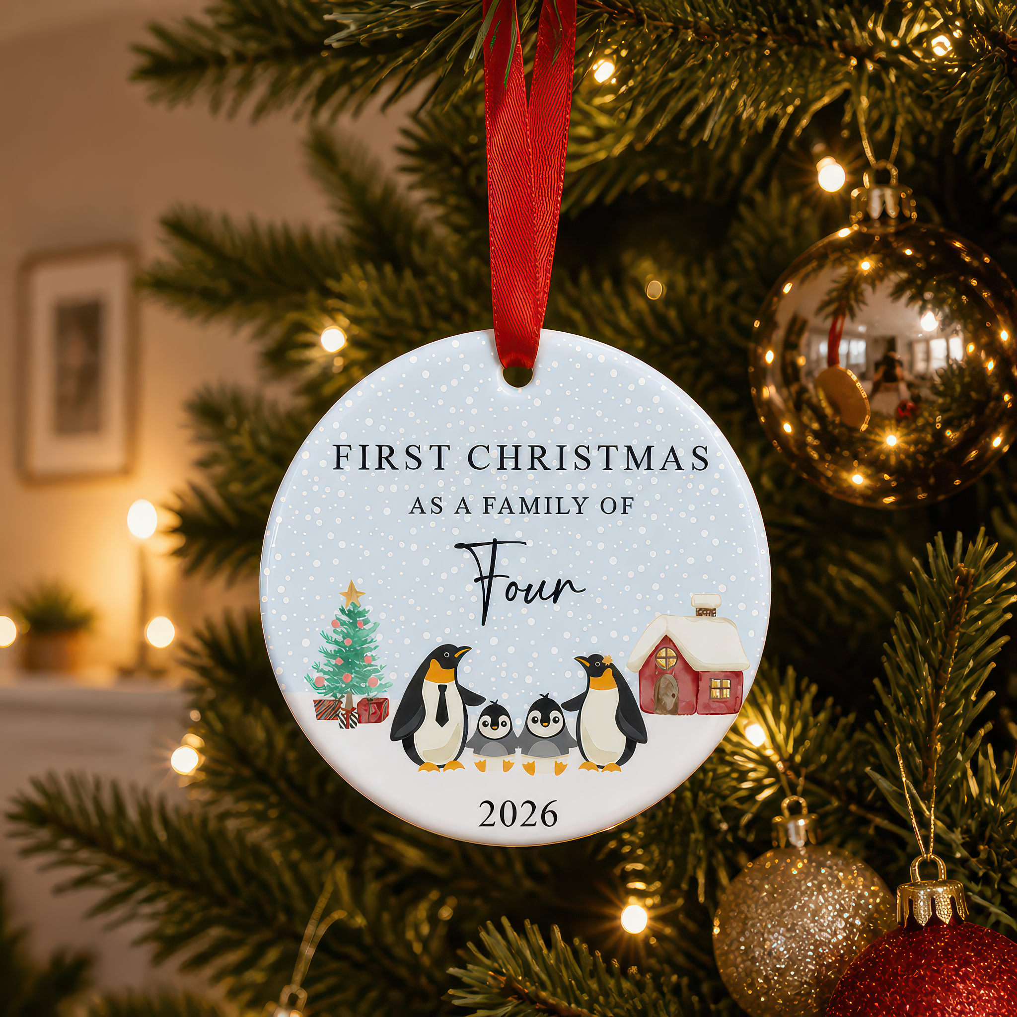 First Christmas as a Family of Four Penguin Ornament