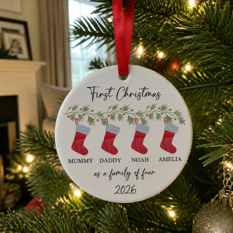 Personalised First Christmas as a Family of Four Red Stockings Ornament