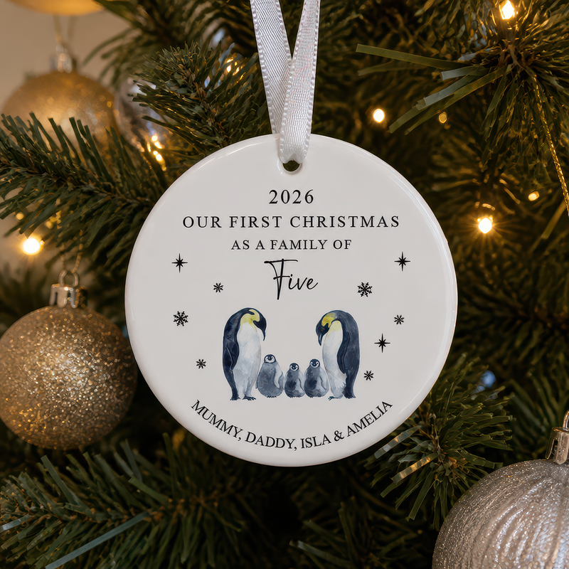 Personalised Our First Christmas as a Family of Five Penguin Ornament