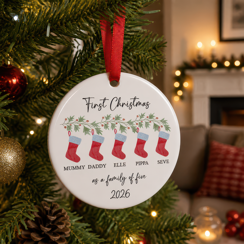 Personalised First Christmas as a Family of Five Red Stockings Ornament