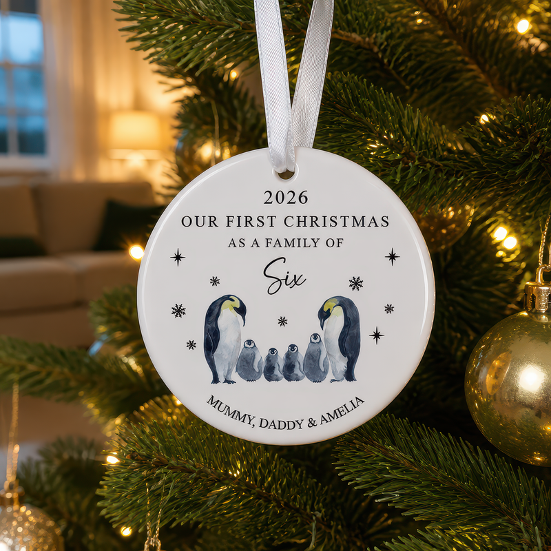 Personalised First Christmas as a Family of Six Penguin Ornament