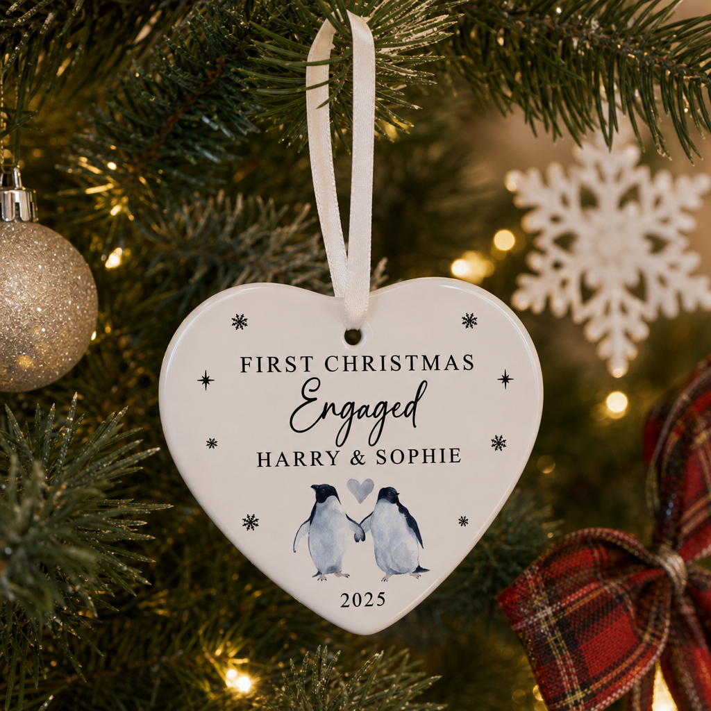 Personalised First Christmas Engaged Penguin Heart Ornament