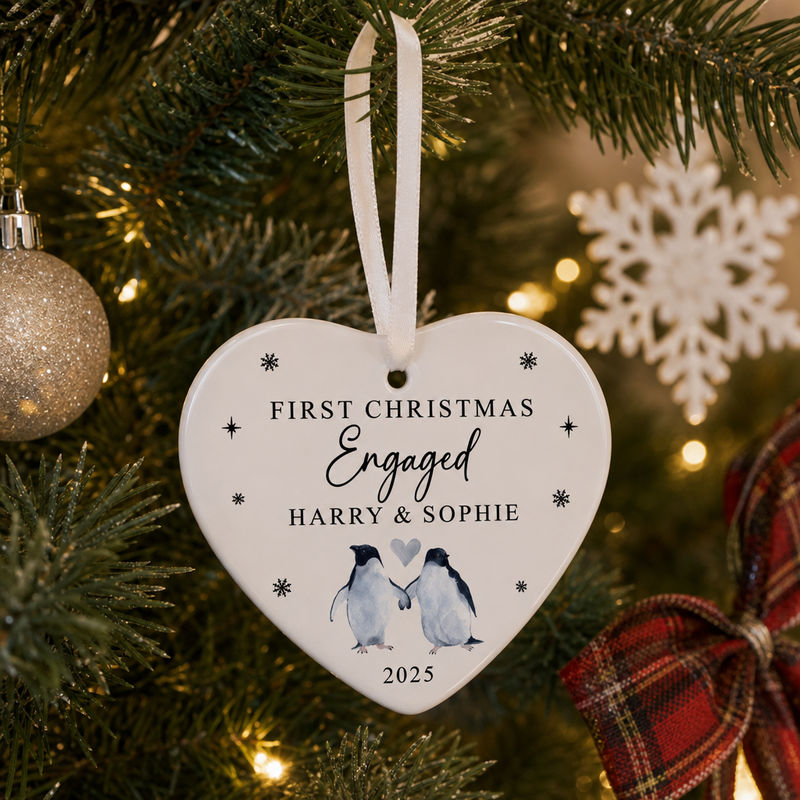 Personalised First Christmas Engaged Penguin Heart Ornament