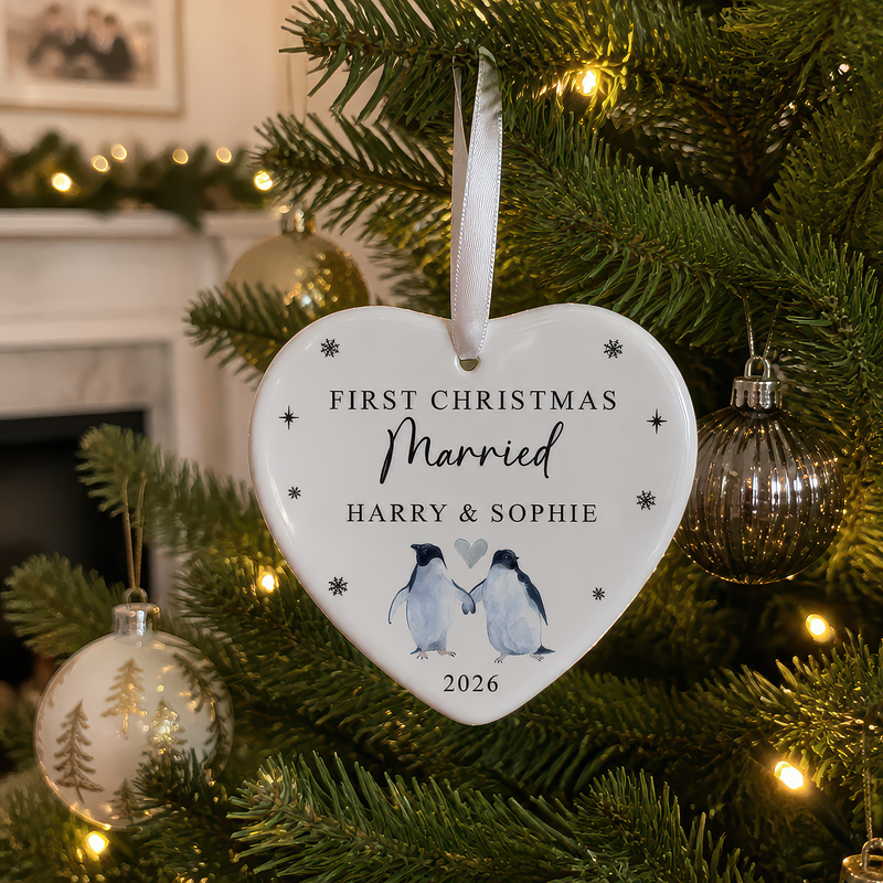 Personalised First Christmas Married Penguin Heart Ornament