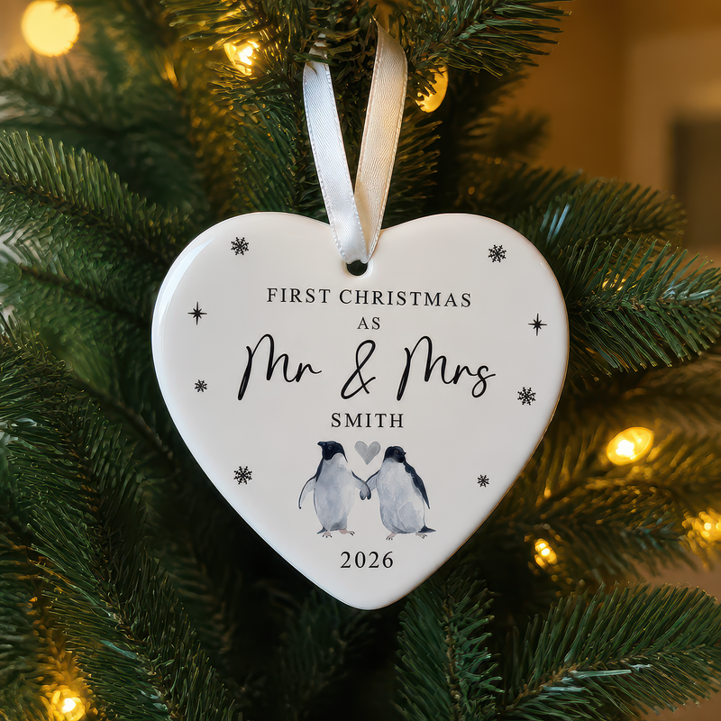 Personalised Our First Christmas Mr and Mrs Penguin Heart Ornament