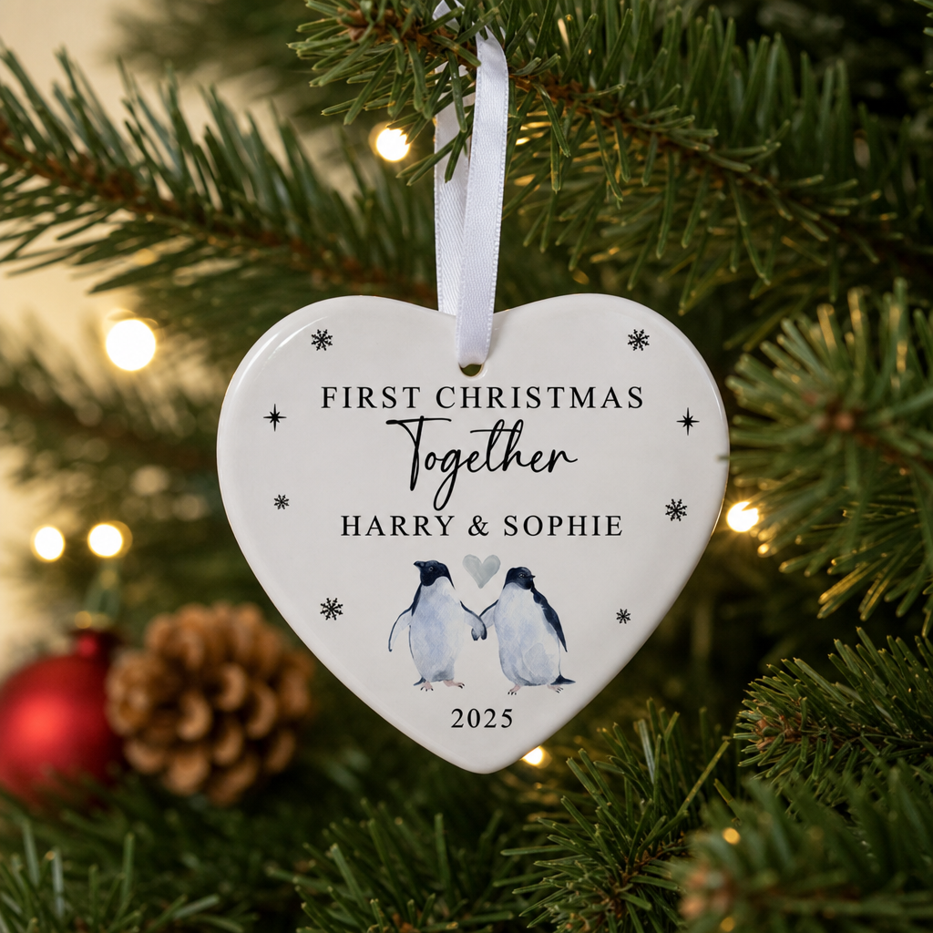 Personalised Our First Christmas Together Penguin Heart Ornament