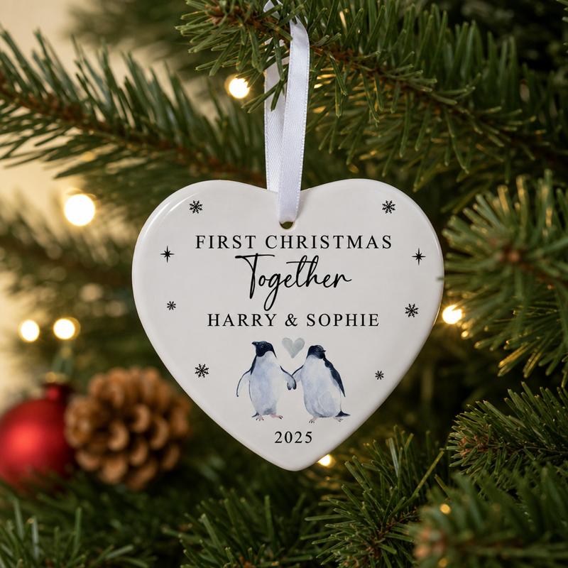 Personalised Our First Christmas Together Penguin Heart Ornament