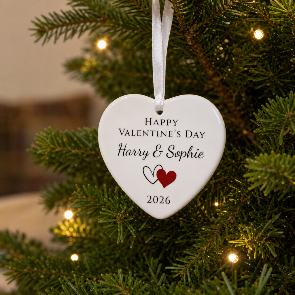 Personalised Happy Valentine's Day Two Hearts Ornament with Names and Year