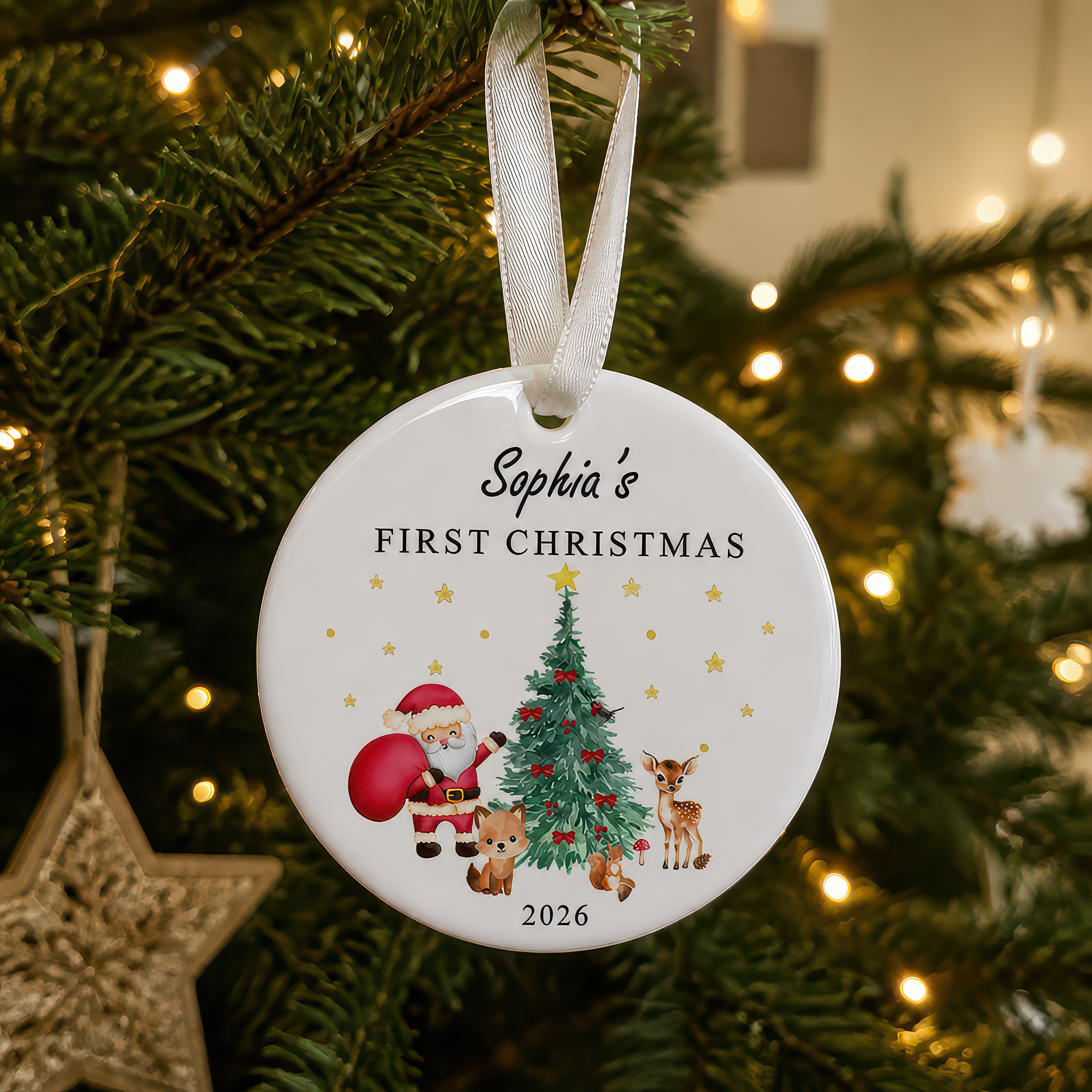 Personalised Baby's First Christmas Woodland Santa and Friends Ornament