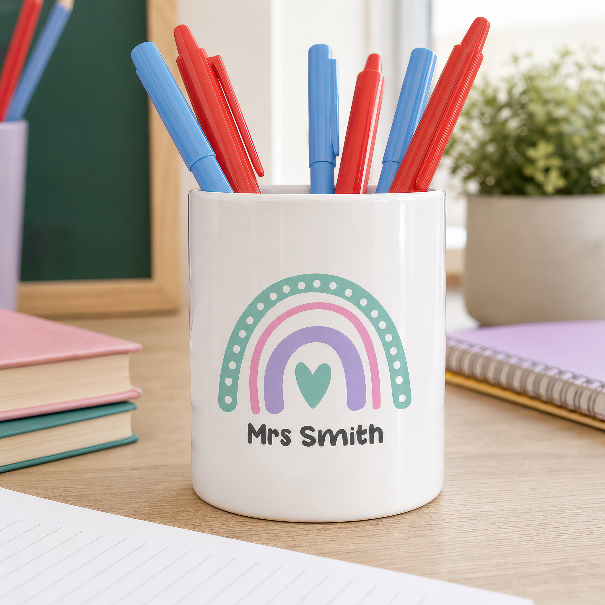 Personalised Pink Purple Rainbow Teacher Pen Pot with Name - alternative view