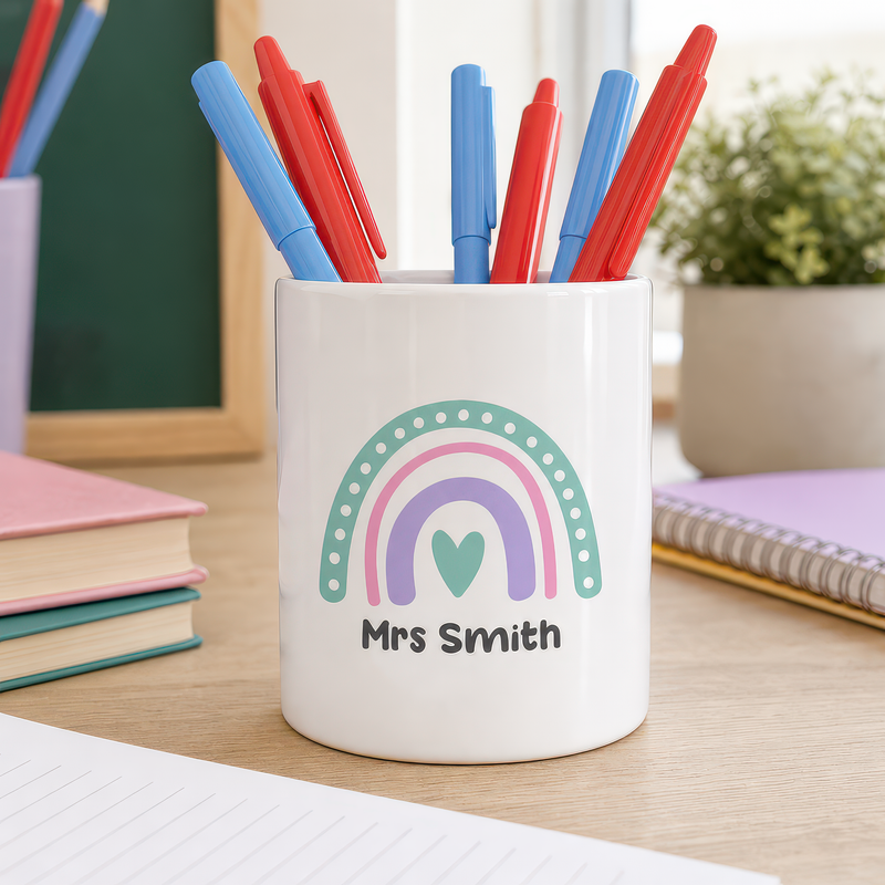 Personalised Pink Purple Rainbow Teacher Pen Pot with Name - alternative view