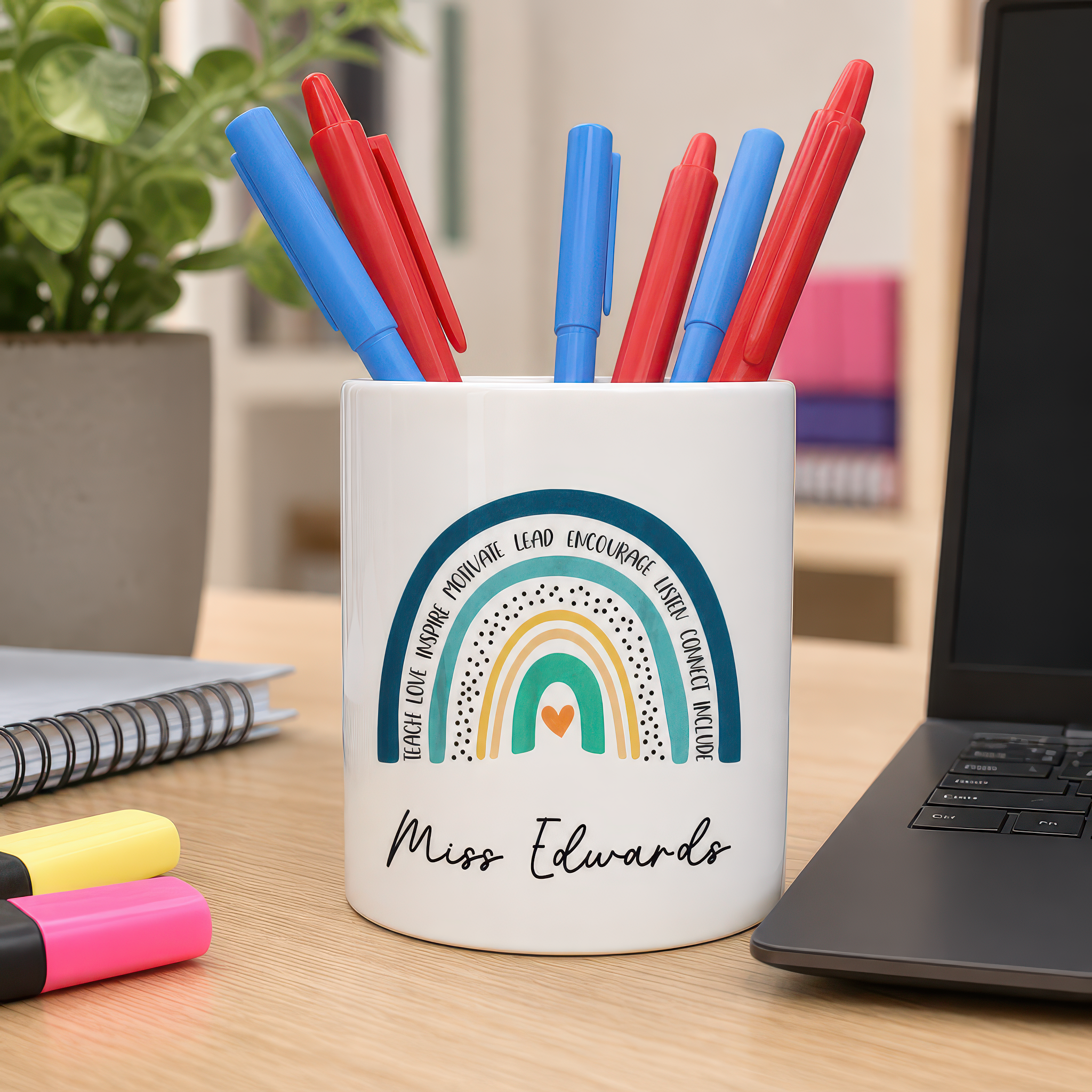 Personalised Blue Boho Rainbow Teacher Pen Pot with Name - alternative view