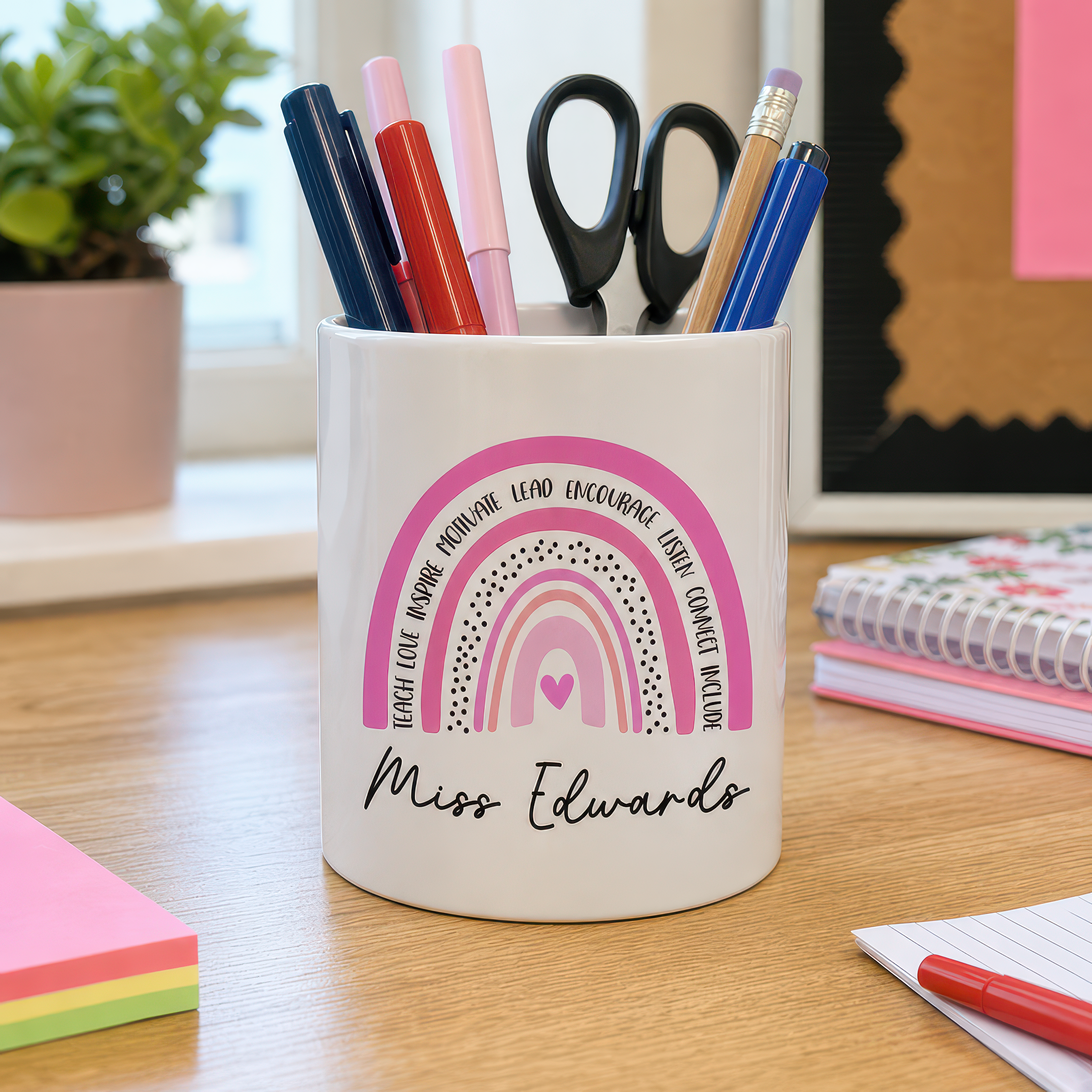 Personalised Pink Rainbow Teacher Pen Pot with Name - alternative view